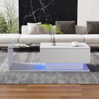 Tavolino Salotto Moderno Lucido con Illuminazione LED, con Piano in Vetro e Cassetto, Resistente ai Graffi, 100x50x32 cm, Bianco
