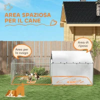 Recinto per Cani con Coperture e Ciotole Girevoli, in Acciaio e tessuto Oxford, 4x2.3x1.5 m, Argento