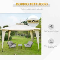 Gazebo da Giardino 3.5x3.5m in Metallo e Poliestere Beige con Doppio Tettuccio