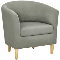 Poltrona Moderna a Pozzetto in Tessuto Effetto Lino con Gambe in Legno, 74x63x73cm, Grigio