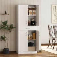 Credenza Cucina Alta con 2 Armadietti e un Cassetto Centrale, Ripiani Regolabili e 4 Ante Totali, Bianco
