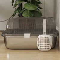 Lettiera per Gatti Coperta Chiusa con Vassoio in Acciaio Inox Pareti Alte Paletta e Area per Caduta di Sabbia Grigio