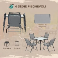Set Tavolo con 4 Sedie da Giardino Pieghevoli e Foro per Ombrellone, Nero