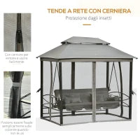 Dondolo da Giardino 3 Posti Lettino e Gazebo Design 3 in 1 con Tettuccio, 256x172x248 cm, Grigio Scuro