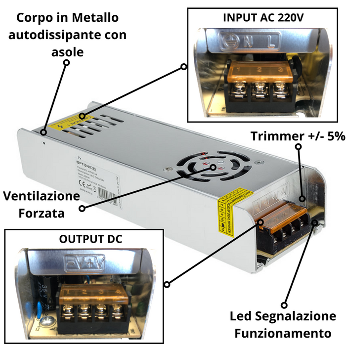 Alimentatore led optonica 6165 360w 24v metallo sottile con ventola