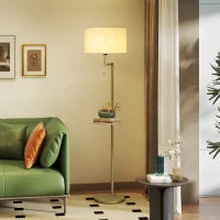 Lampada da Terra Moderna con Mensola, Paralume in Lino, Interruttore a Catena e Porta USB Ø40x170 cm, Oro