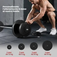 Set di Bilanciere e Dischi da 70 kg totali con 8 Pesi, Bilanciere Palestra Regolabile Antiscivolo in Acciaio, Plastica e Sabbia, Barra Ø25 mm, 170x40.5x40.5cm, Nero