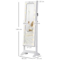 Armadio Portagioielli Portagioie Specchio Regolabile 20 Luci LED, Legno, Bianco, 40x37x146 cm