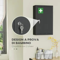 kleankin Armadietto Medicinali con 3 Mensole e Blocco con Chiavi in Acciaio, 30x14x46cm, Nero