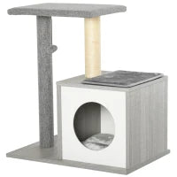 Albero Tiragraffi Multilivello per Gatti e Gattini con Cuccia e Colonna in Corda Sisal, Grigio, 59 x 39 x 62cm