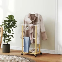 Servomuto in bambù con ruote, Aste per pantaloni e ripiano inferiore per scarpe, Legno Naturale e Bianco