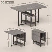 Tavolo Pieghevole a 2 Ribalte per 4 Persone con 2 Ripiani Aperti, in Legno e Metallo, 133.4x80x75 cm, Grigio