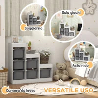 Scaffale Portagiochi a 3 Livelli con 6 Contenitori per Bambini da 3-8 Anni, 96x38.5x90cm, Grigio