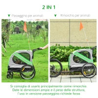 Rimorchio Bici e Passeggino per Cani 2 in 1 in Acciaio e Tessuto Oxford con Catarifrangenti, Verde