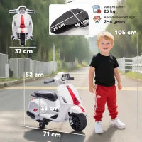 Moto Elettrica per Bambini 2-6 Anni con Batteria 6V Faro Clacson e Ruote di Supporto Bianco