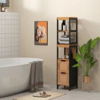 Colonna Bagno con 2 Cassetti e 3 Vani Aperti in Legno MDF e Bambù 30x30x144.3 cm