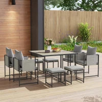 Set Mobili da Giardino con Tavolo da Pranzo, 4 Sedie da Esterno e 4 Sgabelli Poggiapiedi, Grigio