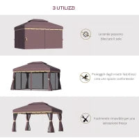 Gazebo da Giardino 3x4m con Doppio Tetto, Zanzariera e Tende, Alluminio e Poliestere, Color Caffè