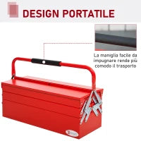 DURHAND Cassetta Porta Attrezzi in Acciaio Pieghevole con 5 Vassoi, Valigetta Porta Attrezzi 56x20x41 cm, Rosso