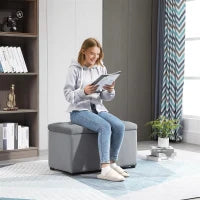 Panca Portaoggetti Set di 3 Pezzi con 2 Sgabelli Pouf in Velluto, Grigio Perla