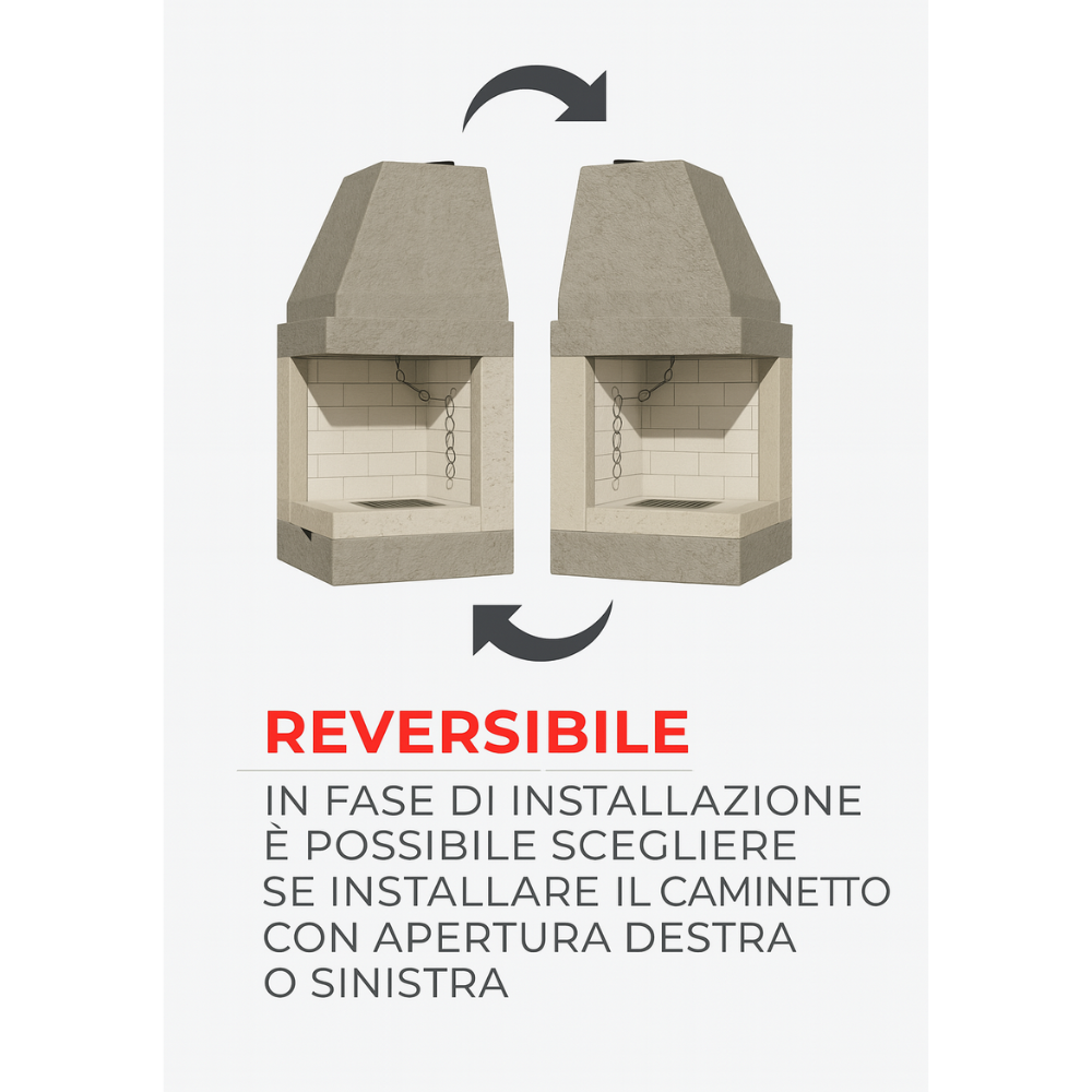 Camino a legna prefabbricato refrattario focolare aperto ds55ref reversibile