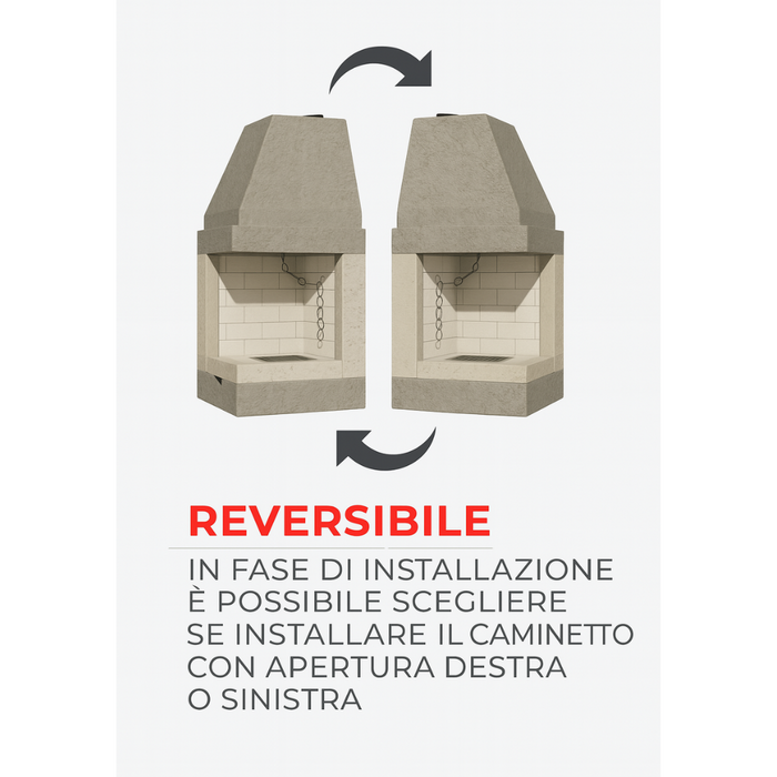 Camino a legna prefabbricato refrattario focolare aperto ds55ref reversibile