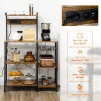 Scaffale Cucina Multipresa per Microonde con Ripiani e Cestino a Rete, 90x42x130cm, Marrone
