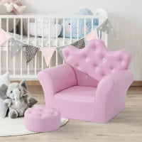 Set Poltrona per Bambini con Poggiapiedi e Bottoni Brillanti, Struttura in Legno con Imbottitura, Rivestimento PVC Rosa