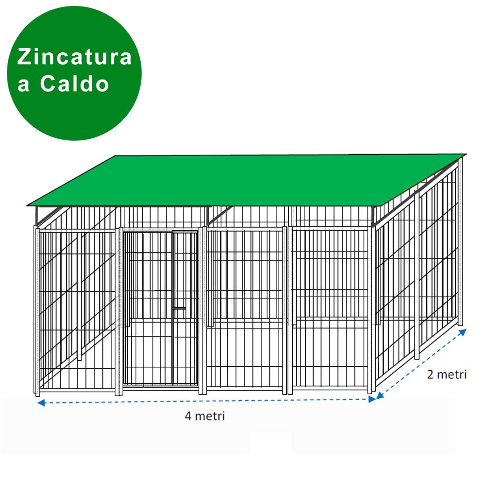 Recinto per cani da 4x2 metri in rete modulare con copertura e zincatura a caldo