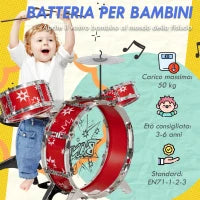 Batteria per Bambini 3-6 Anni a 7 Pezzi con Sgabello e Bacchette, in Plastica e Metallo, 72x29x56 cm, Rosso