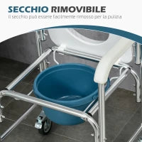Sedia Comoda con Ruote per Anziani 3 in 1, Sedia per WC in Alluminio con Secchio Rimovibile, Bianco