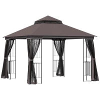 Gazebo da Giardino 3x3m con Zanzariera e Tetto a 2 Livelli, Mensole Laterali e Ganci, Caffè