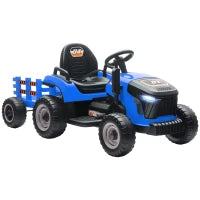 Trattore Elettrico per Bambini con Rimorchio Estraibile Batteria 12V Velocità 3-5 km/h, Telecomando 2,4G Blu