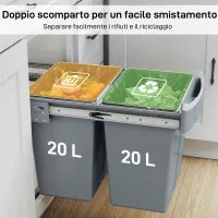 Pattumiera Estraibile Sottolavello per Differenziata con 2 Secchi da 20L, 52x33.5x41 cm, Grigio