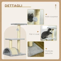 Albero per Gatti a 3 Livelli con Tiragraffi, Peluche e Sisal, 40x35x72 cm, Grigio Chiaro