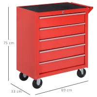 Carrello Porta Attrezzi a 5 Cassetti con Serratura, 4 Ruote e Maniglia, Carrello Officina in Acciaio 69x33x75cm, Rosso