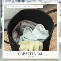 Cesto Portabiancheria da 36L Portatile e Pieghevole con Manici in Cotone Naturale, Ø38x45 cm, Nero