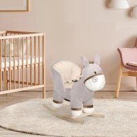 Cavallo a Dondolo per Bambini 18-36 Mesi, Cavalluccio a Dondolo a Forma di Asino con Suoni Realistici in Legno di Pioppo e Peluche, Grigio