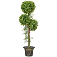 Albero Artificiale con 3 Piante di Bosso, con Vaso in Cemento, Interno ed Esterno, Altezza 115 cm