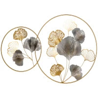 Decorazione Murale 3D in Metallo, Wall Art Dorata con Ginkgo in due Cornici Rotonde, 102x66.2cm, Oro e Argento