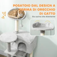 Albero Tiragraffi per Gatti Alto 140 cm con 2 Casette, Amaca, Lettino e Pali in Sisal, Grigio