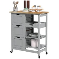 Carrello da cucina su ruote con piano in legno, 3 cassetti e piano rimovibile, 67x37x85,5 cm, Grigio