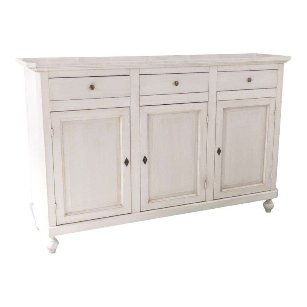 shopinnovativo Credenza con tre ante e tre cassetti in stile classico in legno con rifinitura bianco anticato 150x43x98