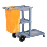 Carrello Pulizie Professionale con 3 Ripiani, Ganci Portascopa, 4 Ruote e Sacco 100L, Arancione 121 x 50.5 x 96.5cm