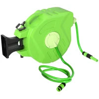 Outsunny Avvolgitubo da Giardino Retrattile con Tubo dell'Acqua 15 m, Rullo Avvolgitubo da Parete Girevole a 180°, Avvolgitubo Automatico Tubo da Giardino per Irrigazione in plastica, Verde