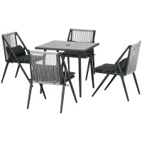 Set da Giardino con 4 Sedie con Cuscini e Tavolo da Pranzo Quadrato in Vetro, Grigio Scuro