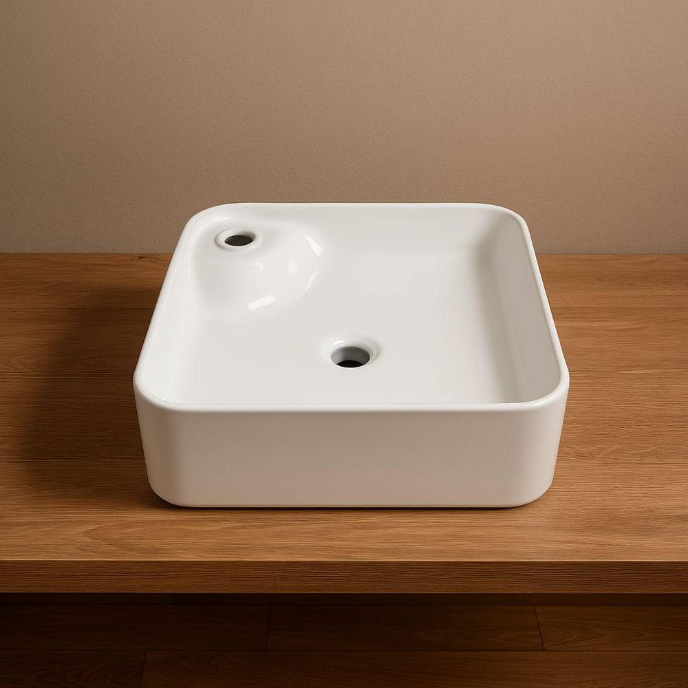 Lavabo d'appoggio ceramica bianco quadrato lavandino arredo bagno cm 43x43x12