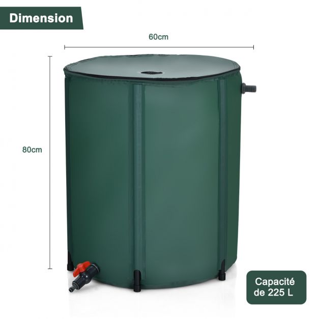 Raccolta acqua piovana pieghevole 225 litri con rubinetto riserva acqua piovana diametro 60 x 80 cm botte acqua piovana in PVC verde 20_0007389