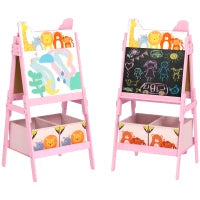 Cavalletto Artistico per Bambini 3-8 Anni con Lavagna a 2 Lati e 2 Cestini Contenitori, in Legno, 53.5x49x113 cm, Rosa