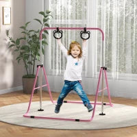 Sbarra Ginnastica Artistica per Bambini ad Altezza Regolabile con 2 Anelli, in Acciaio, 148x105x88-128 cm, Rosa